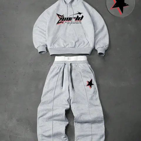 Men's two-piece tracksuit: a hooded sweatshirt and drawstring trousers, decorated with letters, numbers and stars, perfect for fall and winter wear, Sweatsuit Set Outfit, Streetwear Tracksuit Set, Casual Tracksuits, Casual Sporty Design