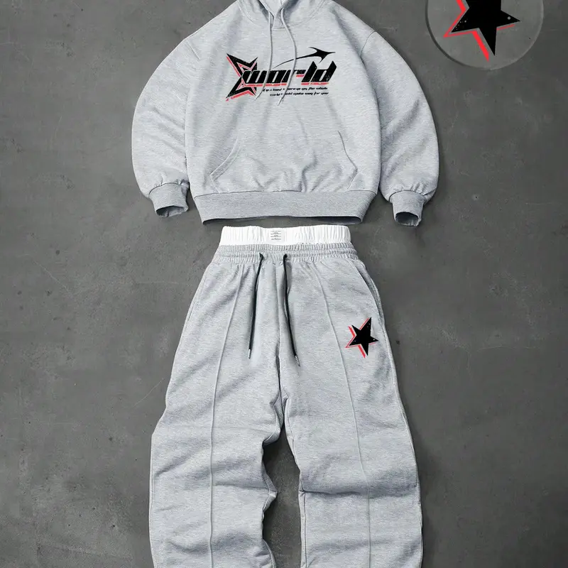 Men's two-piece tracksuit: a hooded sweatshirt and drawstring trousers, decorated with letters, numbers and stars, perfect for fall and winter wear, Sweatsuit Set Outfit, Streetwear Tracksuit Set, Casual Tracksuits, Casual Sporty Design
