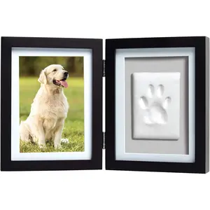 Pet Paw Print Photo Frame With Clay Imprint Kit - Wooden DIY Memorial Keepsake Frame for Cats and Dogs, No Mess Clay for Perfect Pawprints, Ideal Home Decor and Gift, Black