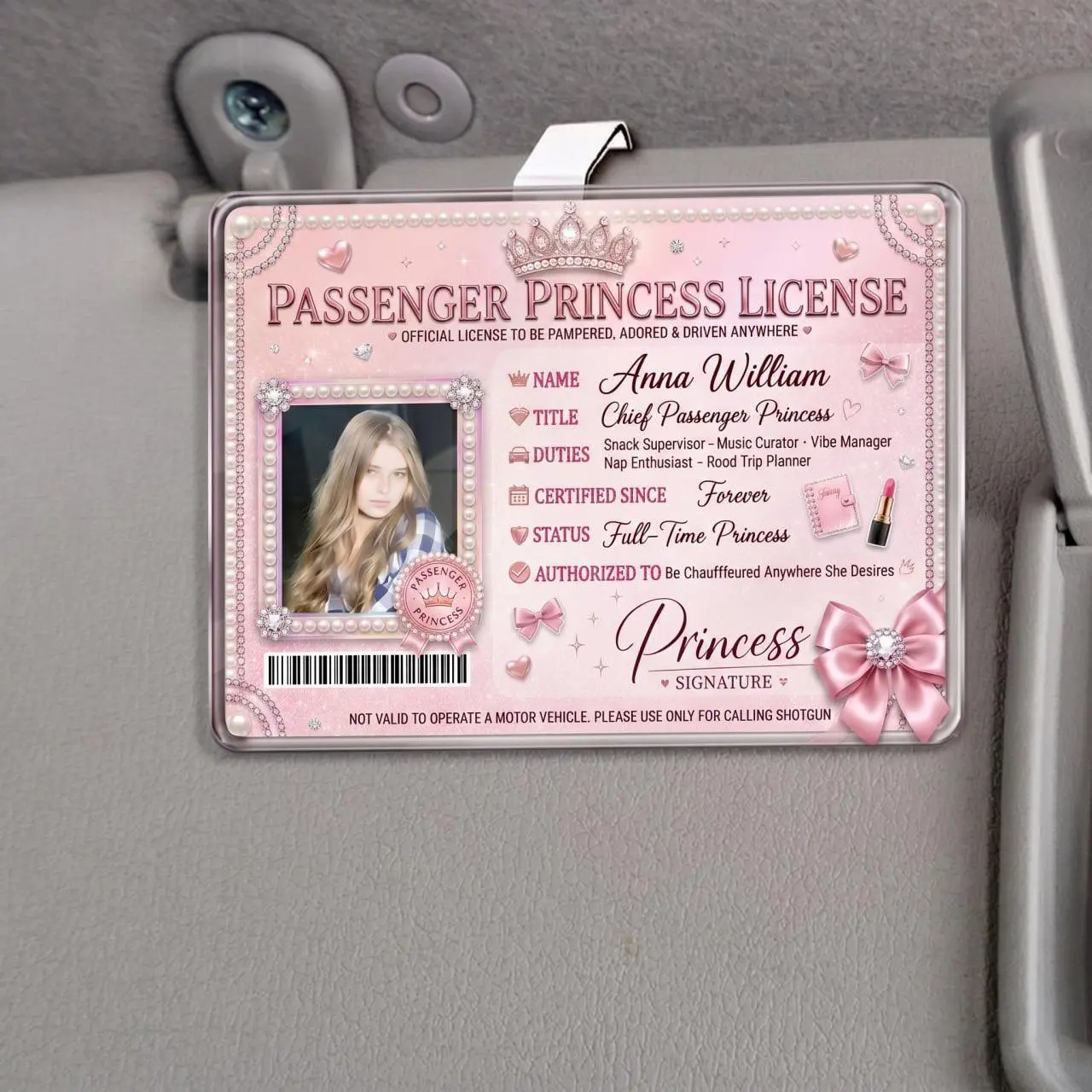 Custom Passenger Princess License Car Visor Clip, Personalized Bling Acrylic Passenger ID, Cute Girlfriend Photo Car Accessory, Girly Auto Interior Decor Gift for Her