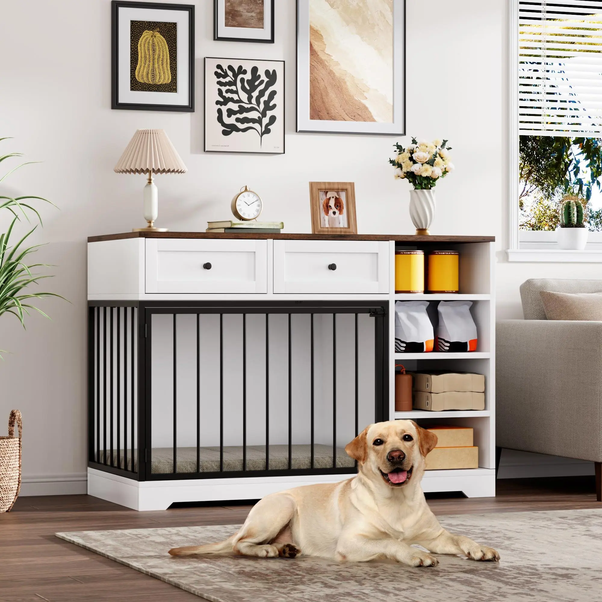 47.2" Dog Crate Furniture with 2 Drawers and 4 Shelves, Wood Dog Crate TV Stand, Large Dog Kennel Indoor for Small Medium Large Dogs, White