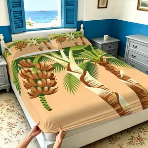 3PCS Retro Tropical Banana Tree Fitted Sheet Set, Premium Fiber Fabric, Elastic Edge Design Full Mattress Wrapping, Machine Washable, All Season Use, Ideal for Bedroom Dorm Decoration & Gift