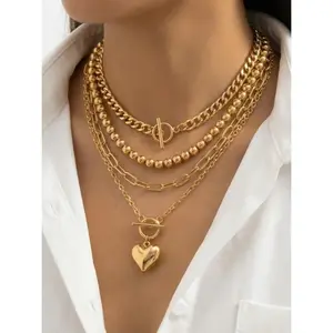 4pcs Set Heart Pendant Necklaces for Women Multi-Layer Stackable Gold Clavicle Chains Geometric OT-Clasp Design Romantic Jewelry Set for Dating Daily Wear Adjustable Layering Gift Layered Necklaces Jewelry Gifts