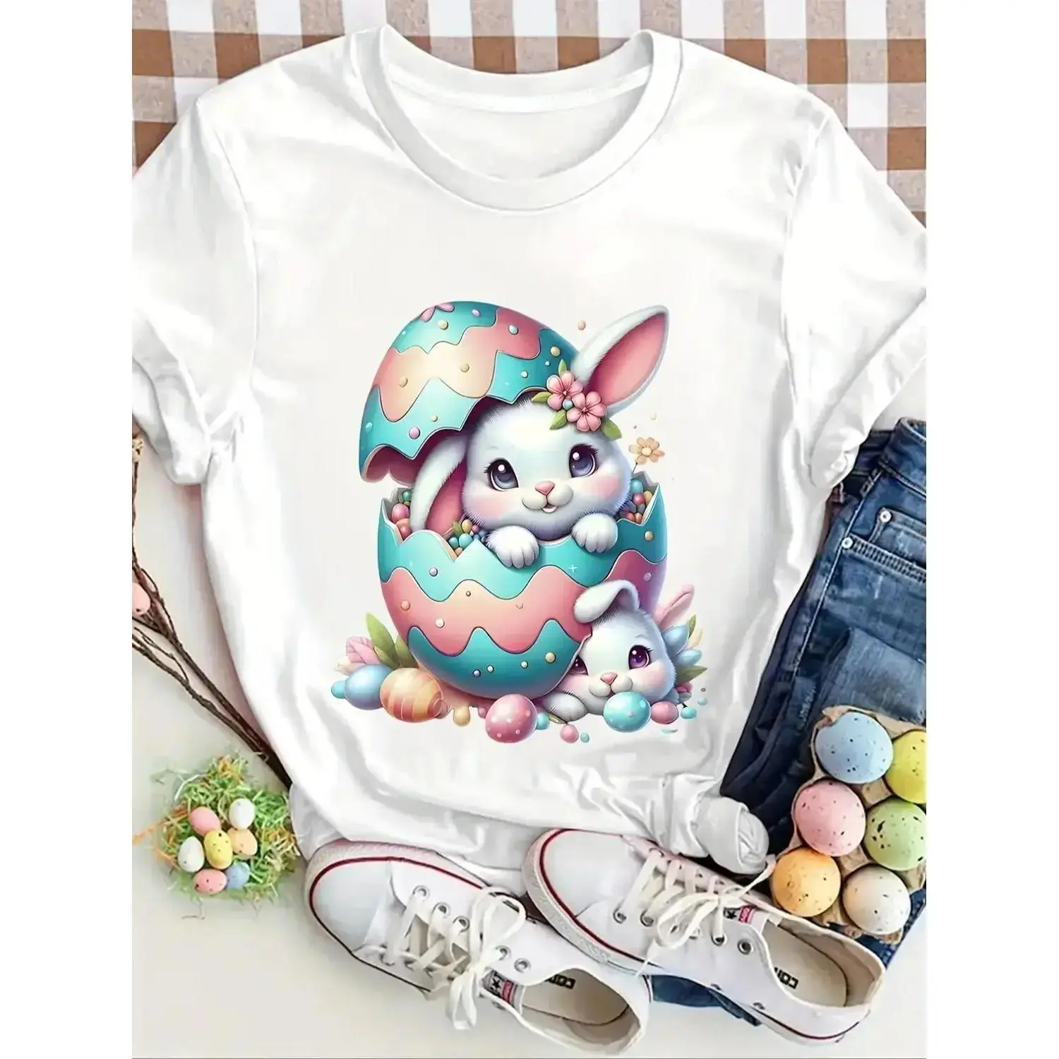 Easter Rabbit and Egg Print Round Neck T shirt for Women Casual Fashion Daily Wear Suitable for All Seasons Outdoor and Holiday Outfits