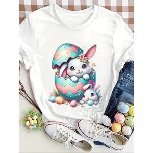 Easter Rabbit and Egg Print Round Neck T shirt for Women Casual Fashion Daily Wear Suitable for All Seasons Outdoor and Holiday Outfits