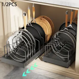 Pull Out Pots and Pans Organizer for Under Cabinet,Pull Out Cabinet Organizer for Pot and Pan Storage, Pot Lid Organizer and holder with Adjustable Dividers (white, 8 dividers)