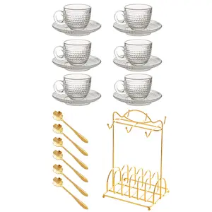 19pcs Glass Coffee Cup and Saucer Set European Style with Handle Transparent Heat-Resistant Tea Cup Holder Drinkware Set for Coffee Lovers