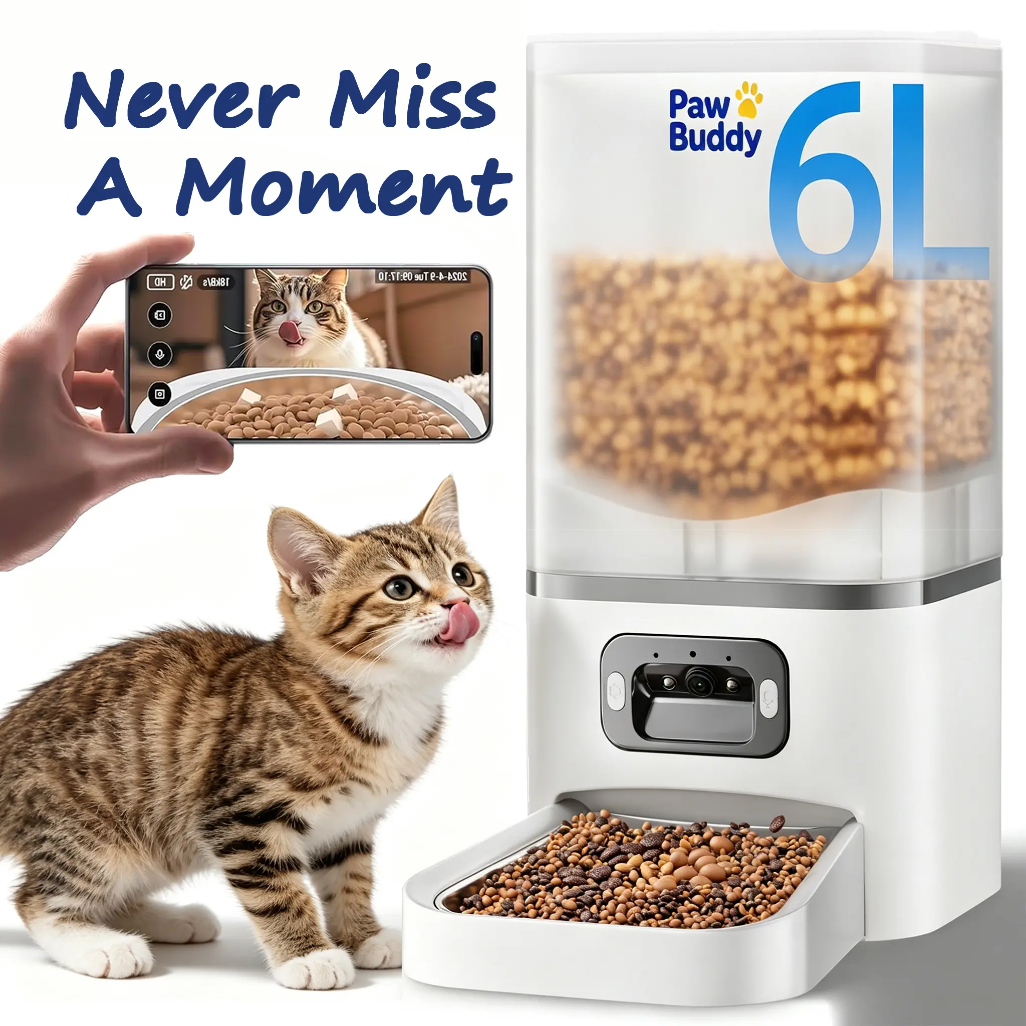 Automatic Cat Feeder, 6L Timed Pet Dry Food Dispenser with Clog-Free Design, Programmable, Dual Power Supply, Desiccant Bags, Auto Feeder for Cats, 1-6 Meals Per Day, with Stainless Steel