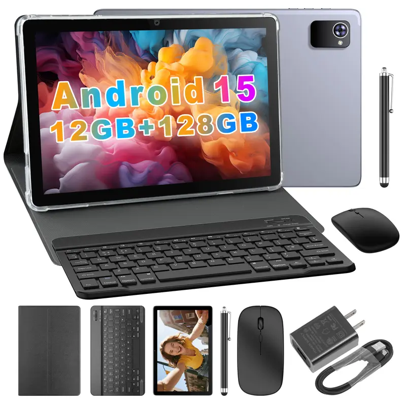 BYYBUO Android 15 10-Inch Tablet with Keyboard, Mouse, Stylus Support, Case, 12GB Internal + 128GB Expandable Storage, 6000mAh Battery, 13MP+5MP Camera, Basic Port, Type-C Fast Charging, Wireless Functionality,sohochic