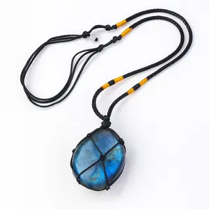 Natural Labradorite Net Pendant Necklace – Genuine Iridescent Healing Crystal Wrapped in Handmade Macrame Cord, Spiritual Energy Stone Jewelry for Men and Women, Meditation, Reiki, and Chakra Balancing