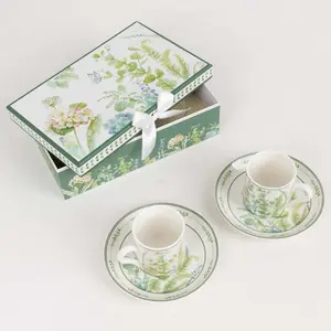 Greenery Theme Bridal Shower Gift Set, Set of 2 Porcelain Espresso Cups and Saucers with Matching Gift Box