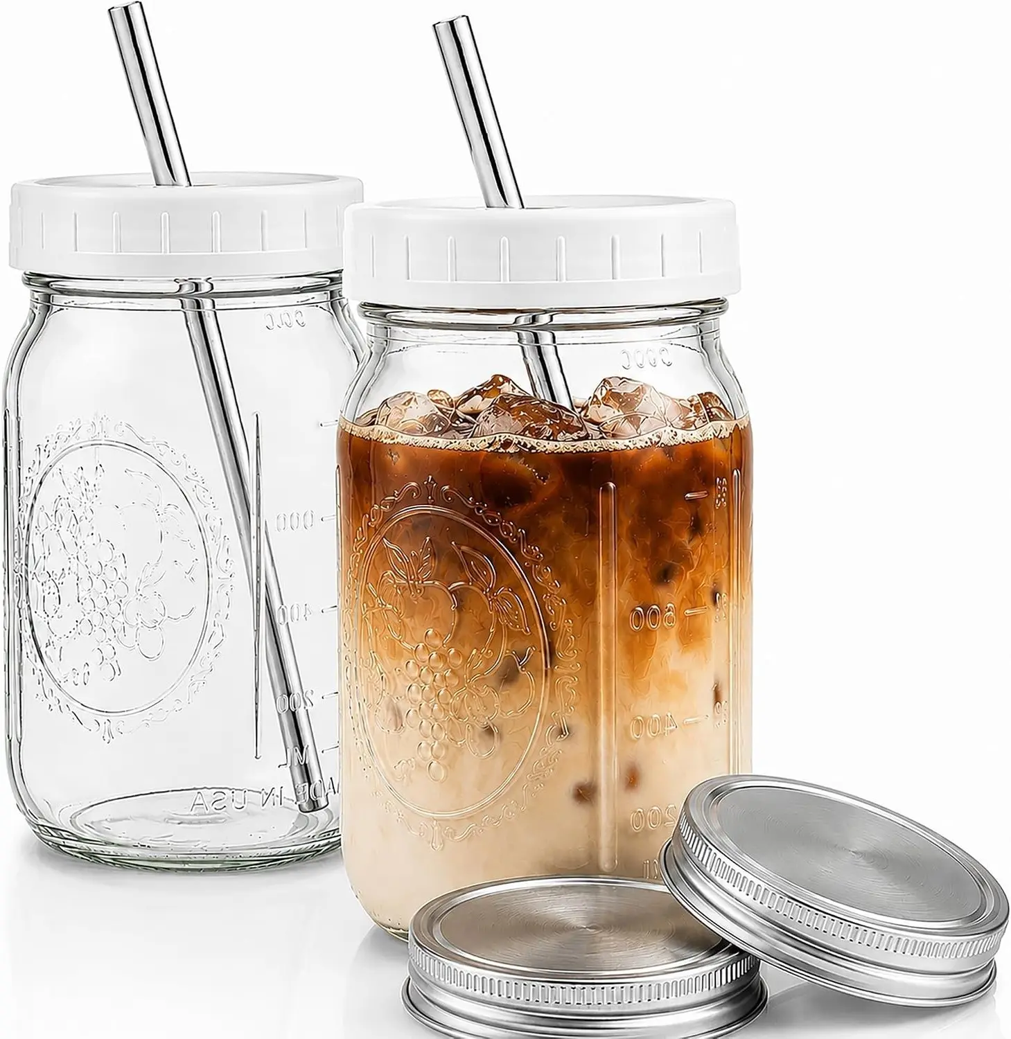 Reusable Wide Mouth Smoothie Boba Tea Cups with Lids and Silver Straws Mason Jars Glass Cups (2-pack, 32 oz)
