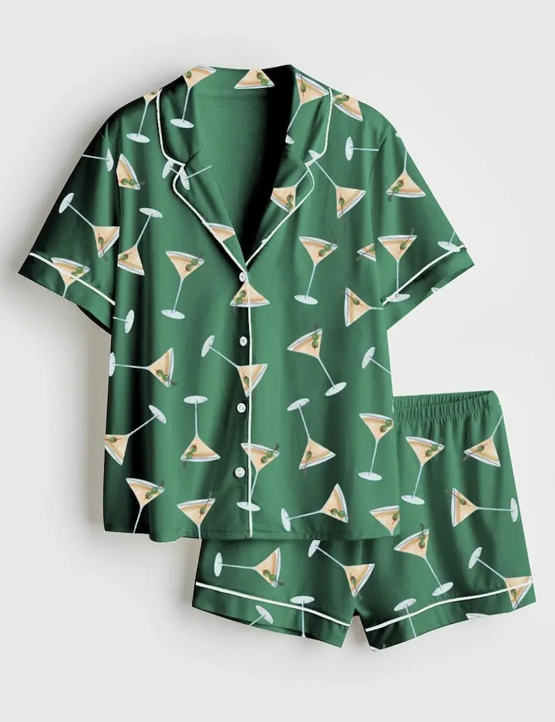 Women's Martini Cocktail Pajama Set, Olive Print Sleepwear, Bar Theme Satin Loungewear for Relaxing