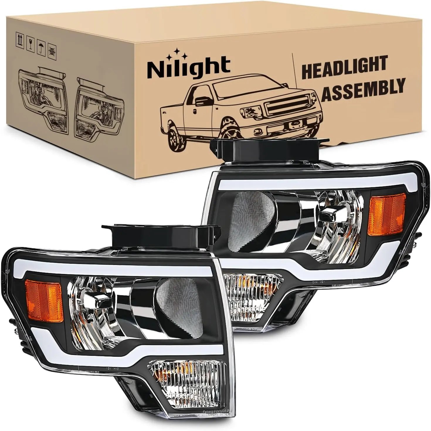 Nilight LED DRL Car Headlight Assembly for Ford F-150 2009-2014, Black Housing, Excludes Factory HID Models, Car Headlights, Car Exterior Upgrade
