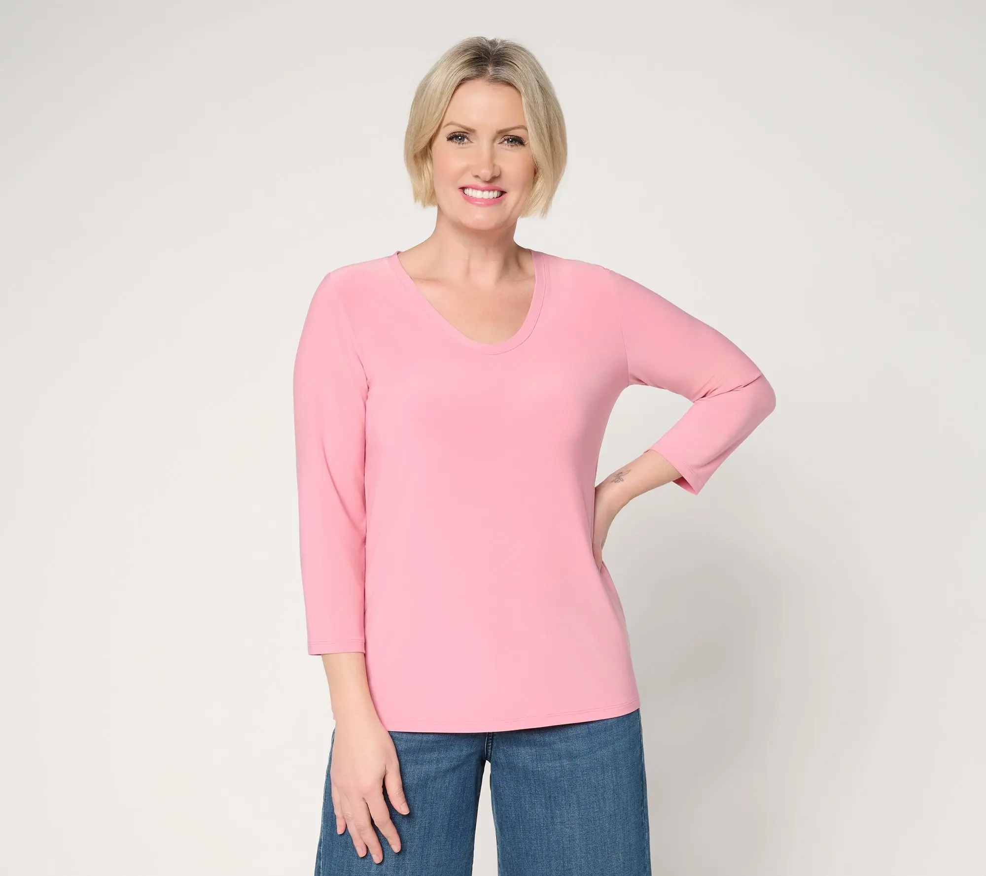 Dennis Basso Basics Italia Knit Voop Neck 3/4 Sleeve Top