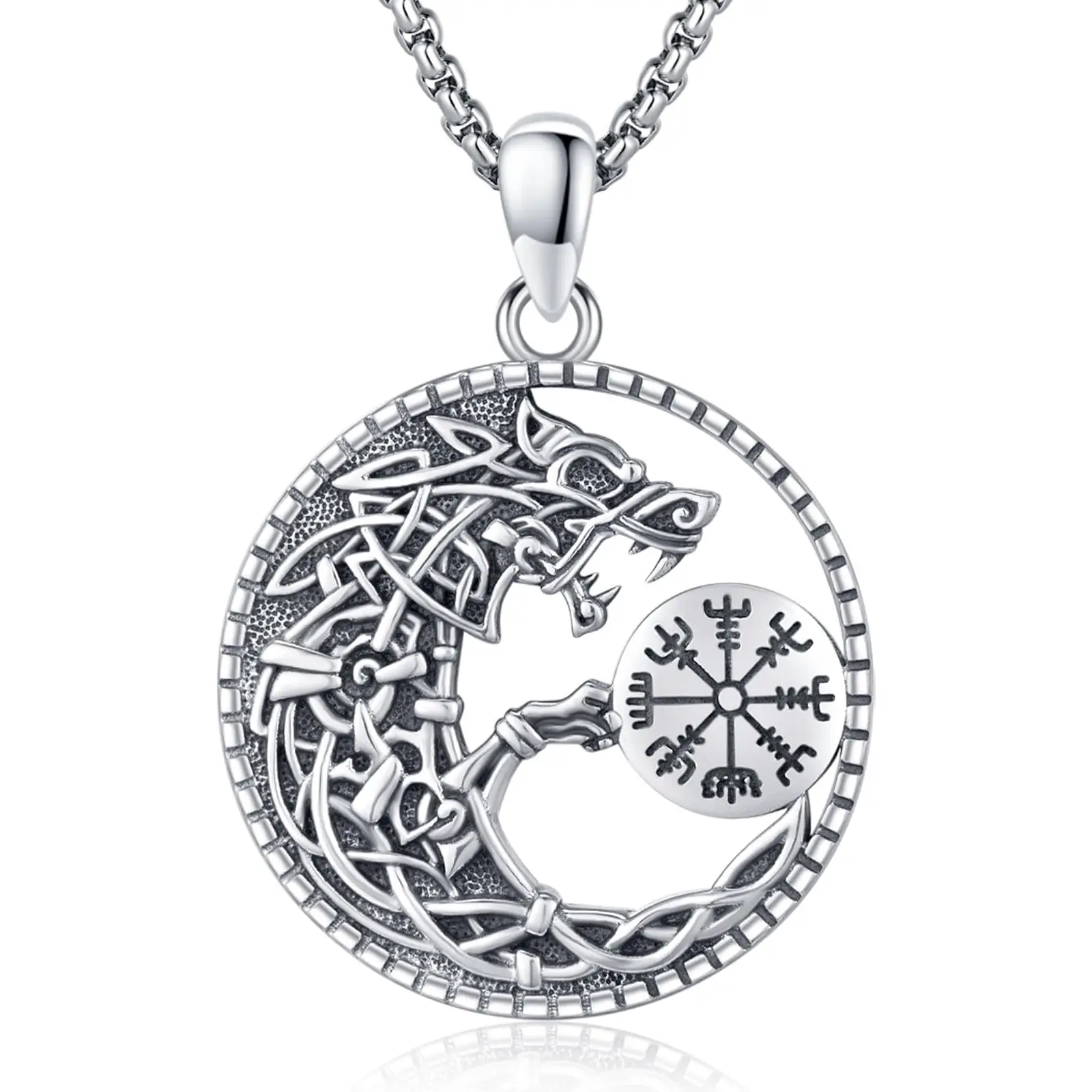 DRINSPER 925 Sterling Silver Retro Norse Mythology Viking Wolf Fenrir Pendant Necklace with Chain, Lead-Free Nickel-Free Long-Term Wear Jewelry for Viking Enthusiasts