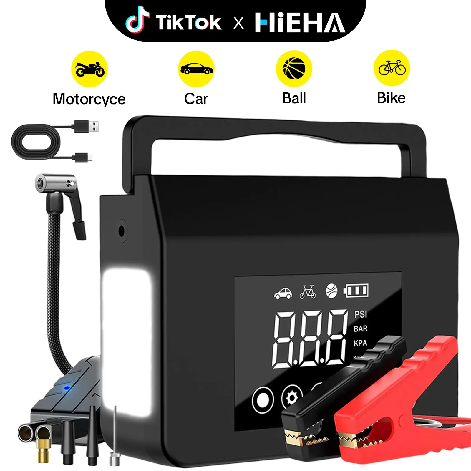 【HiEHA TikTokShopBackToSchool】Multifunctional 4-in-1 12V Car Emergency Jump Starter, 4000A Peak Current Auto Booster with 150PSI Tire Inflator, 15000mAh Power Bank, LCD Screen, USB-C Port for Van, Boat