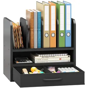 Desk File Organizer for Home, Office, School, Wooden Frame Desktop Storage Solution for Office Supplies, Documents, Papers, Folders and Stationery, Space-Saving and Stylish Document Sorter