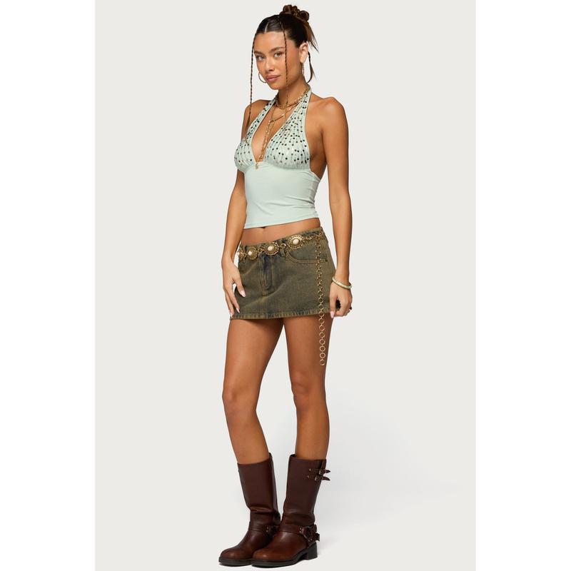 Sequin Plunge Neck Halter Top