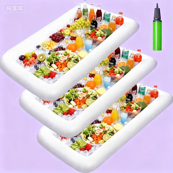 Inflatable Ice Cooler Tray with Drain Plug, 3-Pack Insulated Serving Bar, Reusable Food and Drink Holder for Outdoor Picnic, Beach Pool Party, Summer Buffet Salad Container