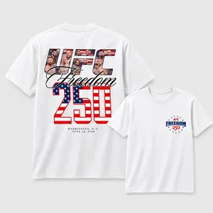 Women's UFC Freedom 250 Washington D.C. 6-14-2026 Graphic Short-Sleeve T-Shirt - Spandex Fabric, Patriotic Fighter Collage Back Print, American Flag, Unisex Casual Classic Fan Tee