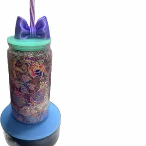 Sea Shell Tumbler with Purple Bow and Striped Straw, Glitter Design, Blue Base, Perfect for Drinks