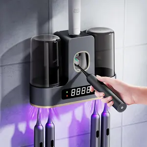 Wall Mounted Toothbrush Sanitizer with Air Drying & LED Countdown Screen, 2 Cups Electric Toothbrush Holder with Toothpaste Dispenser, Hygienic Bathroom Organizer for Clean & Dry Brushes