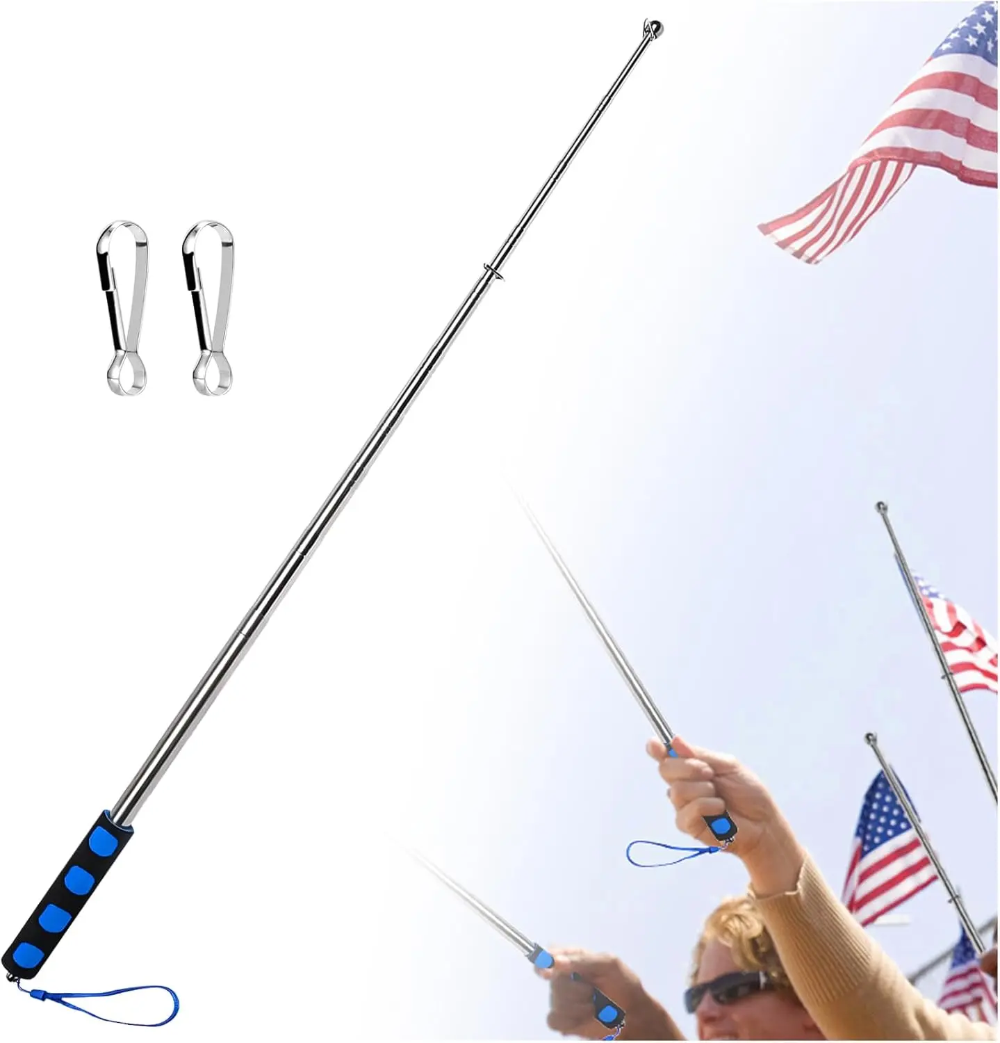Telescopic Handheld Flagpoles with Clips 6'7" Portable Stainless Flag Pole Extendable Flag Stick Guiding Flag Pole with Anti-Slip Grip Blue smrtcol
