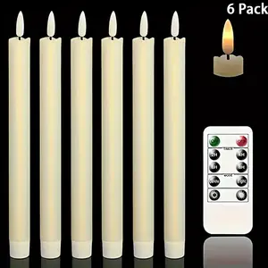 6 Flickering Flameless Taper Electronic Candles,  Battery Powered, Electronic Candles with Remote Timer,  Home, Window, Christmas Day,  Valentine's Day Home Atmosphere Decoration Ivory White