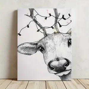 2D flat plane, 1 piece of wall art canvas print, winter Christmas cartoon reindeer poster decoration, aesthetic art decoration poster, suitable for living room, bedroom, office, corridor, kitchen wall decoration, Christmas decoration gift, wrapped border