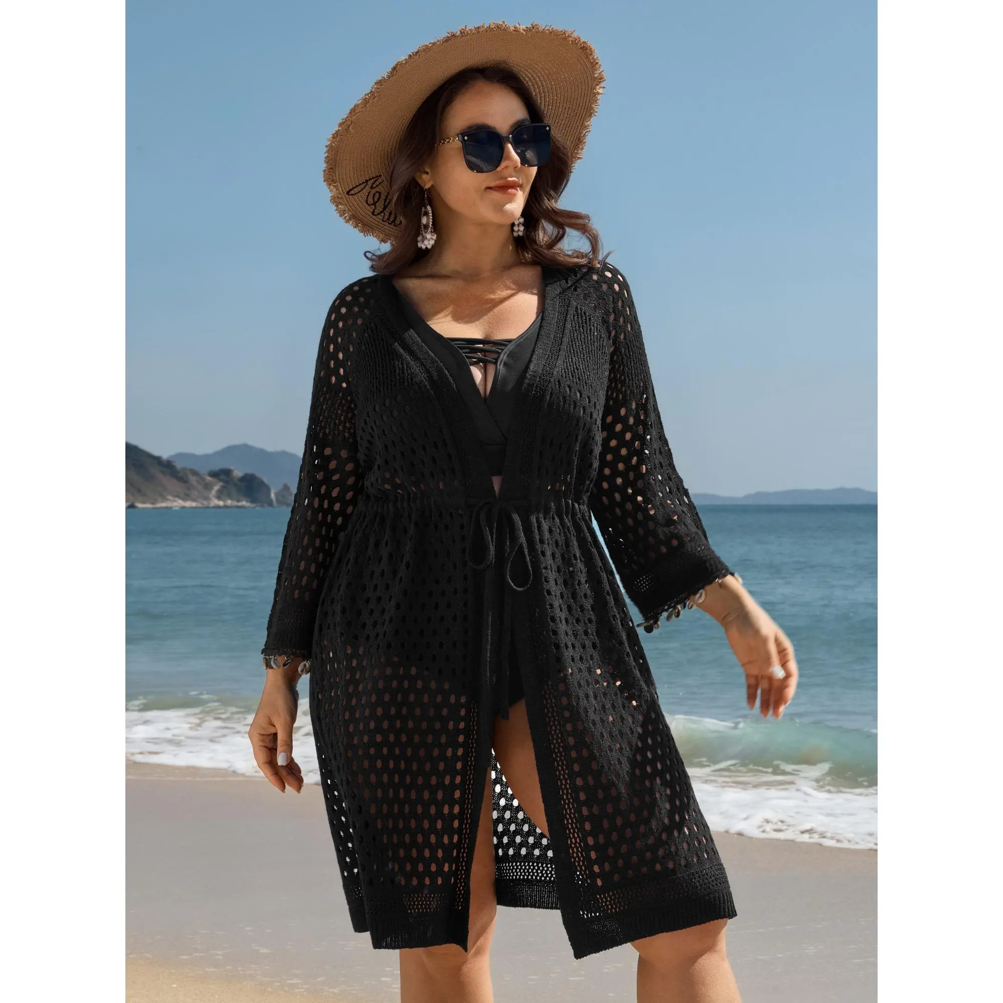 BLOOMCHIC Curvaceous Plus-Size Swim Cover-Up - Drawstring-Strap, Front-Cutout, Textured, Bikini/Coastal/Hollow Cover Ups, M-6X Sizes, Swimsuit CoverupsBikini Cover Ups,Summerfinds