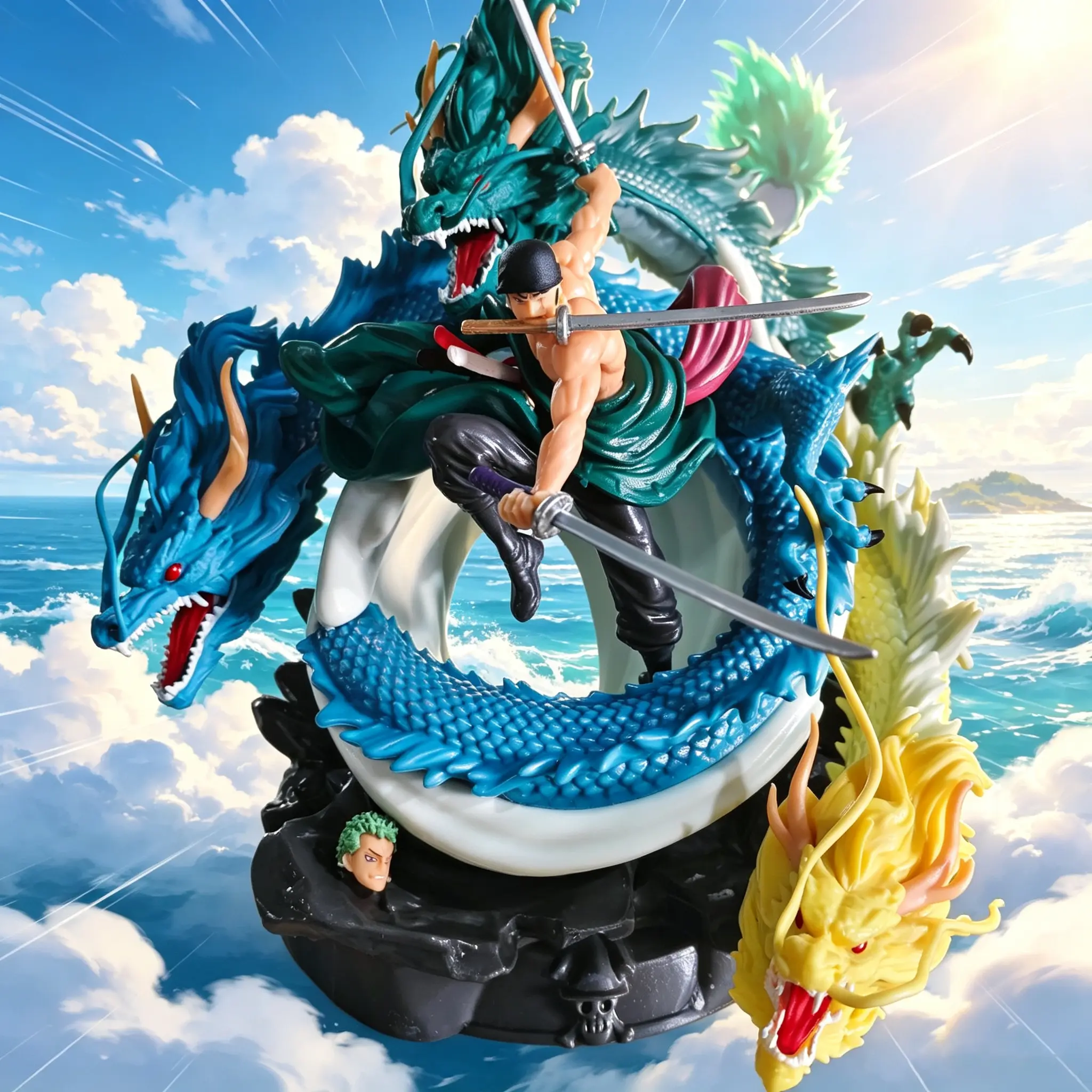 Anime Style Swordsman Collectible Statue With Triple Dragon Base, Replaceable Head PVC Action Figure Decor, Fantasy Warrior Model Toy Gift For Desk Display,It Is A Great Gift For Boyfriends And Anime Fans.
