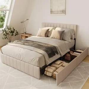 GIZOON Upholstered Full Size Bed Frame - 4 Storage Drawers, Adjustable Headboard, Noise-Free Wooden Slats Support, Fits 6” to 12” Mattress, No Box Spring Needed, Bedroom Furniture Set