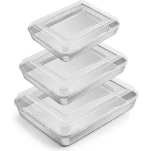Baking Pan with Lid(12.4/10.4/9.4 inch), Stainless Rectangular Sheet Cake Pans with Cover, Sets for Lasagna Casseroles Brownie, Non-toxic & Dishwasher Safe - 3 Pans + 3 Lids
