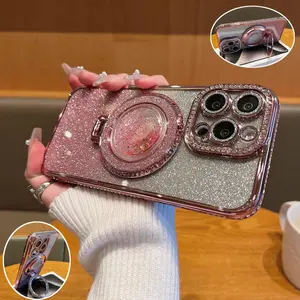 Glitter Rhinestone Decor Phone Case with Holder Stand, Magnetic Drop Protective Phone Cases for iPhone 12 13 14 15 16 17 Pro Max, Phone Accessories
