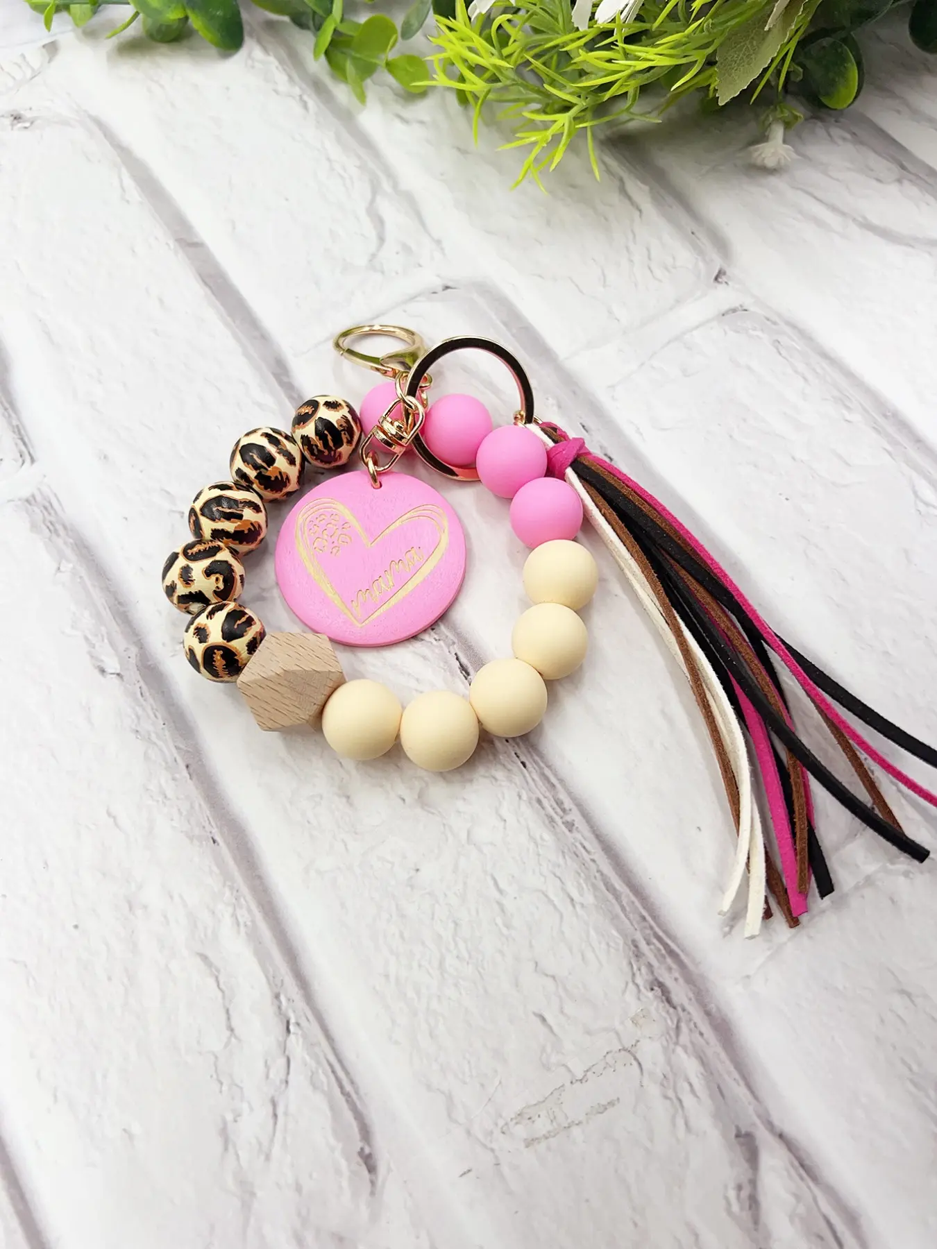 Mother's Day Gift Fashion Leopard Print Beaded & Tassel Decor Keychain, Cute Heart & MAMA Letter Engraved Wooden Keychain for Women & Girls, Trendy All-match Keychain for Birthday Gift, Bling Bling Keychains, Keychain Set