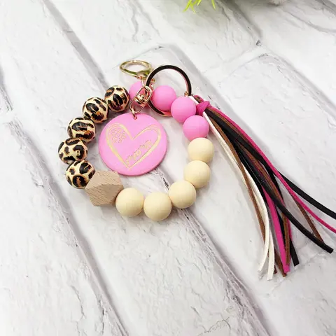 Mother's Day Gift Fashion Leopard Print Beaded & Tassel Decor Keychain, Cute Heart & MAMA Letter Engraved Wooden Keychain for Women & Girls, Trendy All-match Keychain for Birthday Gift, Bling Bling Keychains, Keychain Set