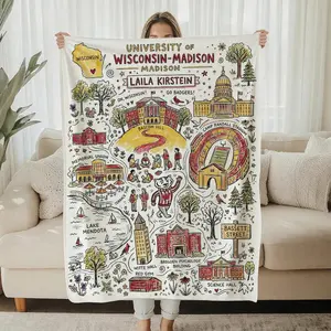 Personalized University Campus Name Blanket, Custom College Dorm Flannel Throw, Gift for Students, Alumni,perfect for graduations, dorm rooms, birthdays, holidays, or game-day lounging
