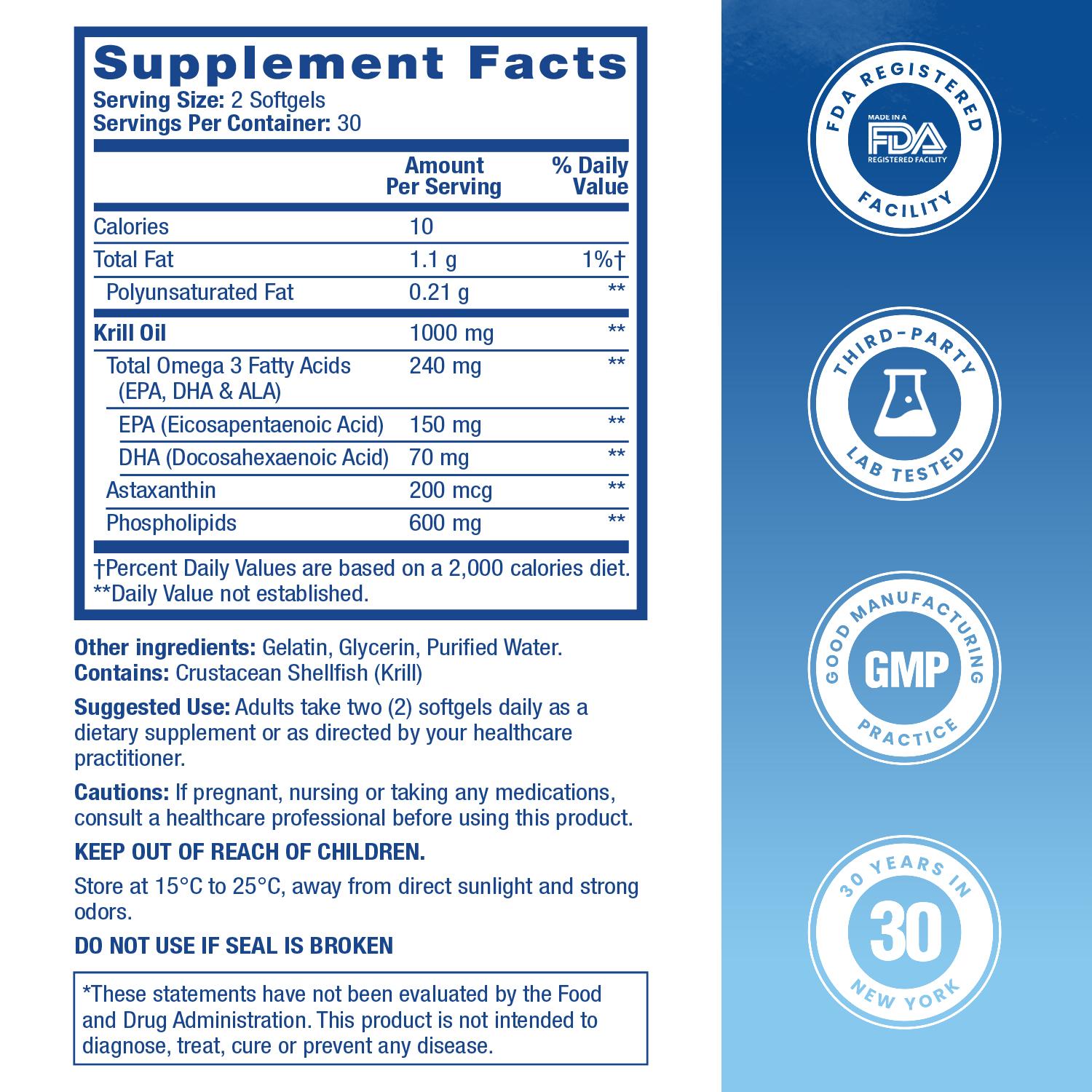 HealthA2Z Antarctic Krill Oil 1000 mg Per Serving- 60 Softgels (Pack of One) - Rich in EPA, DHA, ALA & Astaxanthin, Superior Absorption, Pure Krill Oil, Dye Free