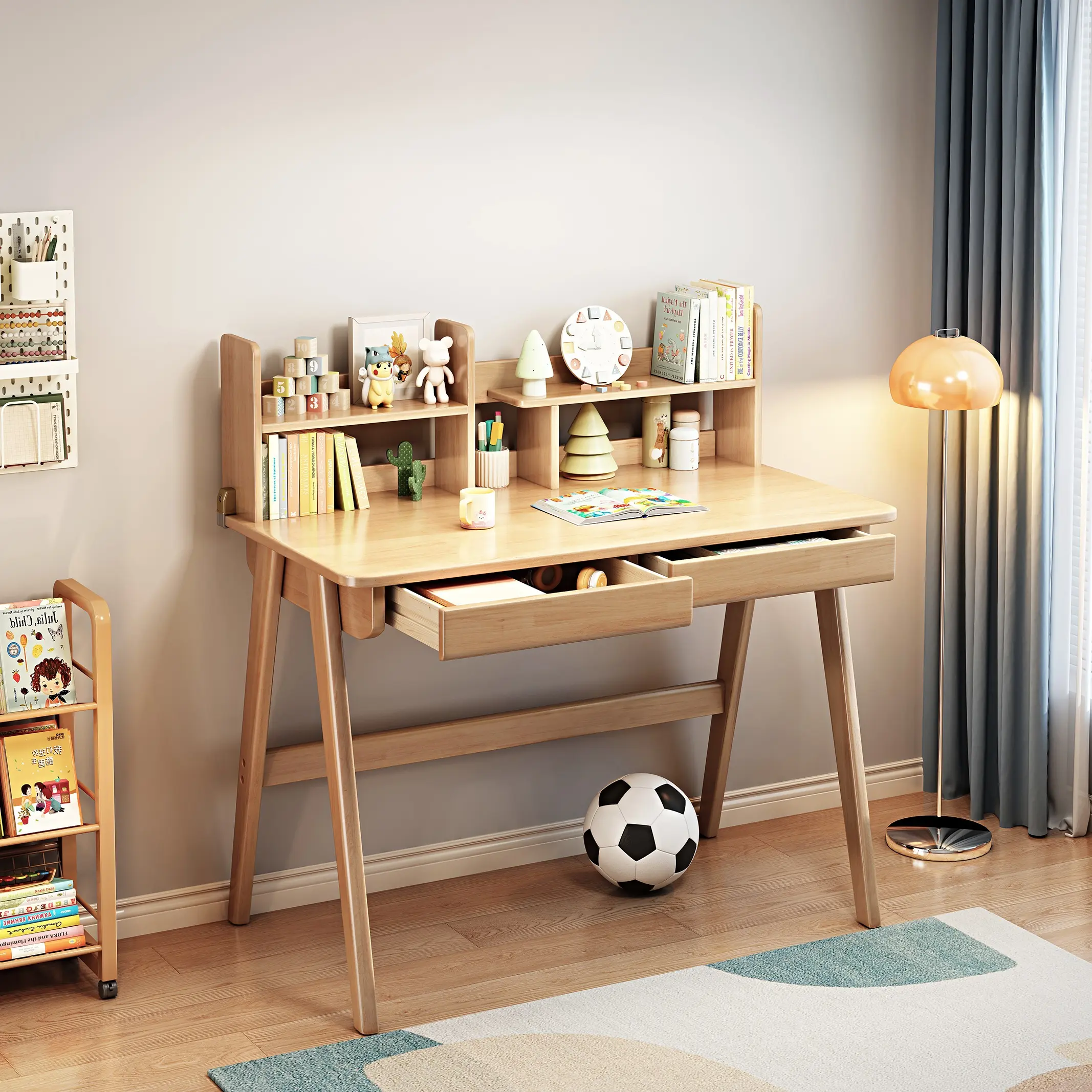 Children's Solid Wood Desk with Built-in Bookshelf, Multi-functional Study Table for Home and School, Available in Natural, White, and Walnut Colors