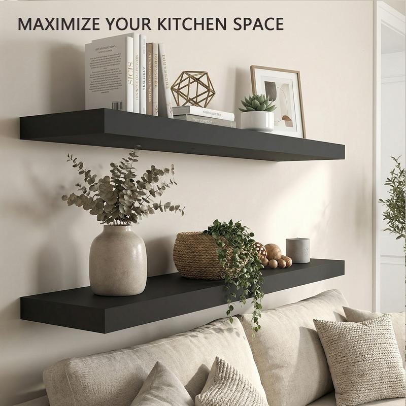 Spaco 35.4" Maple Black Floating Wall Shelves - Modern Wood Storage for Bathroom, Bedroom, Kitchen & Living Room (Invisible Brackets, Decorative & Functional for Books & Organization)