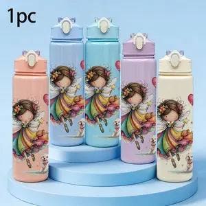1pc 750ml Sports Water Bottle, durable plastic cup with one-touch flip lid, straw and handle design. Stylish printed cup, great gift for girls. Multifunctional for home, outdoor, office and car use, perfect holiday gift.