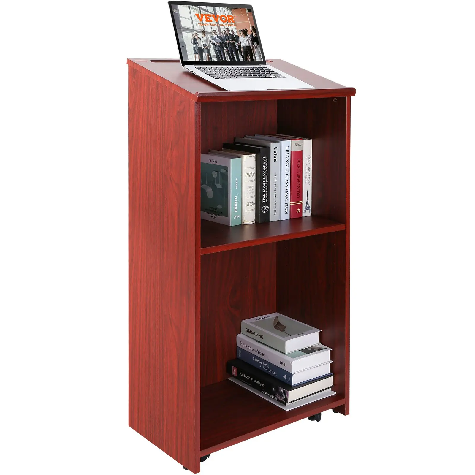 【DealsForYouDays】【DealsForYouDays】 VEVOR Podium Stand, 47 inch Hostess Stand with 4 Rolling Wheels, Wood Podium with Storage Shelves and Slant Desktop, Lecterns Podiums for Home, Office, School, Church, Browndealsforyoudays