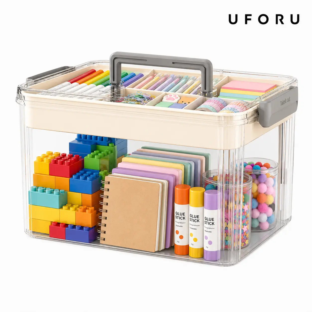 UFORU Clear 2-Tier Storage Organizer with Handle, Large Capacity Portable Craft Box for Pens, Markers, Art Supplies, Small Building Blocks & Toy Parts, Transparent Multipurpose Organizer for Kids Room, Classroom & Home