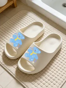 1 Pair Blue Cartoon Bear Letter Printed Thick Sole Slippers, Cute Sweet Girl Style, Non-slip Soft Sole, Indoor & Outdoor Dual-use, Open Toe Slides, Casual Slippers