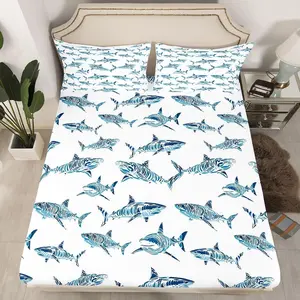 Shark Bed Sheets Ocean Life Fitted Sheet for Child Boys Blue Watercolor Hand Drawn Cartoon Sharks Bed Set,Underwater Sea Wild Animals Fish Room Decor Marine Life Bedding Set