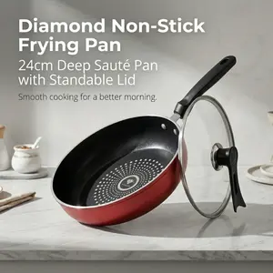 24cm Diamond-pattern Non-stick Frying Pan with Upright Lid, deepened body, scratch-resistant, versatile pan for daily home cooking