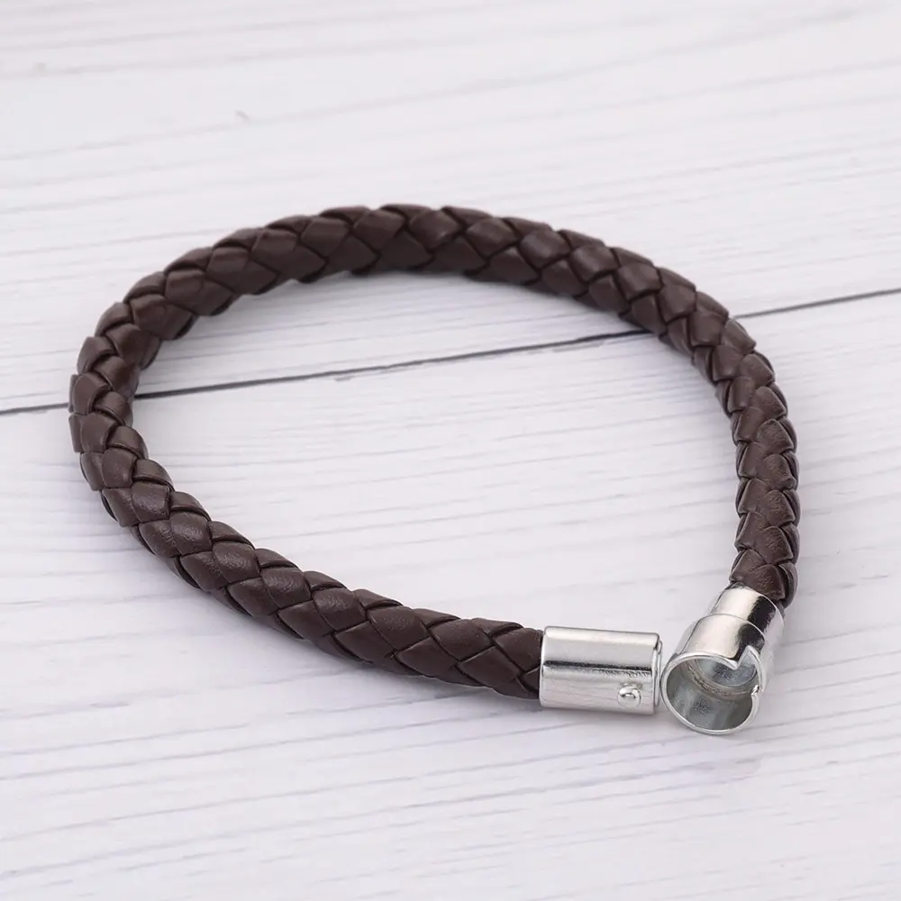Men's Braided Leather Bracelet, Black Woven Wristband with Stainless Steel Magnetic Clasp Casual Bangle for Guys