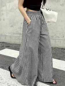 Women's Plaid Print Pocket Wide Leg Pants, Casual Comfy High Waist Trousers for Daily Wear, Ladies Bottoms for Fall & Winter