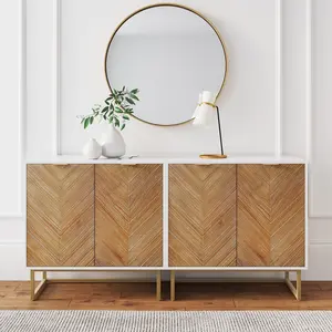 Wood Herringbone Storage Cabinet Credenza White (Set of 2)
